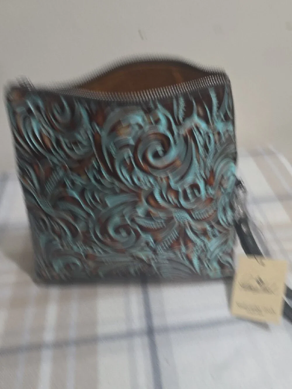Tooled Floral Leather Wristlet - Turquoise & Brown